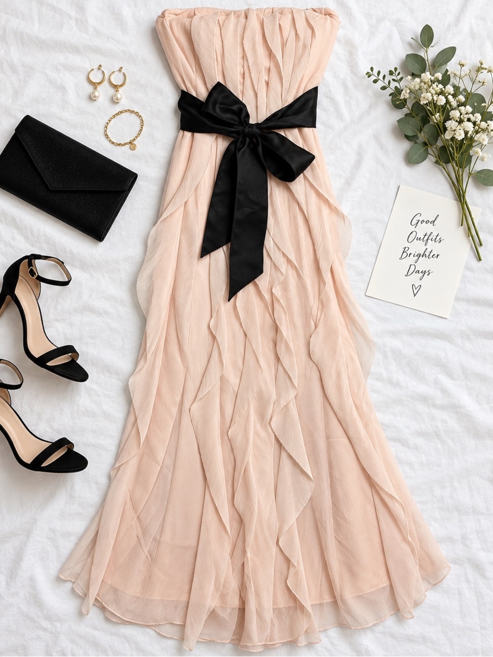 W by Vera Wang Blush Pink Strapless Ruffle Gown Size 4 Black Satin Sash h
